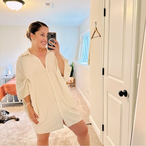 Myrah Penaloza Tan Cream Linen Blend Button Front Mini Dress M/L - Picture 1 of 12